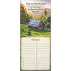 Aufschrift: „Gutes und Barmherzigkeit … Psalm 23,6.“ Darunter eine Hütte in den Bergen, eine sitzende Person, Kalender für Oktober.