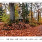 Oktoberkalender mit Herbstwald, großer Baum, Hütte im Hintergrund, blätterbedeckter Pfad.