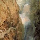 Eine Illustration zeigt eine schmale Gebirgsstraße, die sich durch steile, imposante Felsen schlängelt. Wolken im Hintergrund.