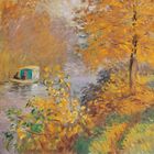 Gemälde mit Boot und zwei Personen auf einem Fluss, umgeben von leuchtend gelben Herbstbäumen, dynamischer Pinselstrich.