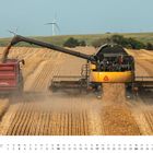 Text: "OKTOBER". Ein Mähdrescher entlädt Getreide auf ein rotes Fahrzeug auf einem Feld, Windräder im Hintergrund.