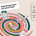„Bohei bringt Chaos auf euren Tisch!“ Farbiges Spiraldesign mit Spielkarten, Symbolen und Altersangaben 12+, 20–40 Min., 3–8.