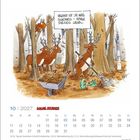 Ein Hirsch sagt: "Herbst ist ja was Schönes - aber dieses Laub..." Illustration mit Hirschen im Wald, Kalender für Oktober 2027.