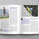 Links: „Nach jedem Rennen spreche ich... Mit ihr spreche ich...“ zeigt einen Läufer im Gelände. Rechts: „Die Angst besiegen“ zeigt einen Kletterer in Aktion.