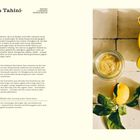 **Zitroniges Tahini-Dressing**  
Rezepttext links, Bild rechts: Zitronen, Tahini-Gläser, Gelbes Mörser-Set, helle Fliesen.