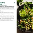 "GREEN GODDESS SAUCE (zu Blumenkohl)" steht oben. Rechts ist Blumenkohl mit grüner Sauce und Kräutern in einer Schale.