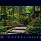 August 08. Ein Waldweg mit Moos, flankiert von Steinlaternen, Torii und Treppen. Kalenderoptik.