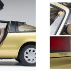 "Toyota" und "Sera" erkennbar. Autositzdetail, Flügeltür geöffnet, Rückleuchte, Armaturenbrettknöpfe; goldener Wagen.