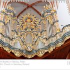 St.-Elisabeth-Basilika in Breslau, Polen. Prächtige Orgel mit goldenen Verzierungen und Pfeifen in einem Kircheninneren.