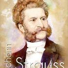 "Johann Strauss" in weißer Schrift, darunter Kalendertage. Illustration eines Mannes mit dickem Schnurrbart und braunem Anzug.