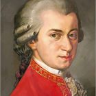 Wolfgang Amadeus Mozart, 1756 - 1791. Porträt eines Mannes in rotem Gewand, weiße Perücke, nachdenklicher Ausdruck.