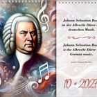 Zwei Zitate über Bach und Musik. Illustration von Bach in barocker Kleidung, umgeben von Noten und Wirbeln.
