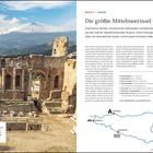 "Die größte Mittelmeerinsel", "Route 11 | Sizilien", Beschreibung von Sehenswürdigkeiten mit Landkarte und Infos. Ruinen vor Vulkan.