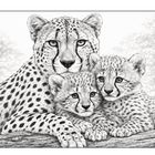 Eine detaillierte Illustration eines Geparden mit zwei Jungen auf einem Baumstamm, umgeben von unscharfem Hintergrund.