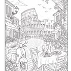 Illustration einer Kuppelkirche, Frau sitzt auf Mauer, Tasse Kaffee und Sonnenbrille daneben.