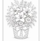 Illustration eines Korbes voller detailreich gezeichneter Blumen, inklusive Lilien, mit einer Schleife verziert.
