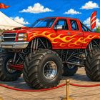 Illustration eines riesigen roten Monstertrucks mit Flammen. Im Hintergrund Zelt, bunte Flaggen, andere Fahrzeuge.