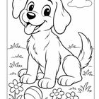 Illustration eines glücklichen Welpen im Gras mit Blumen und einem Ball; eine kleine Wolke im Himmel.