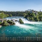 Text: "Rheinfall 12" und ein Kalender mit Wochentagen. Der Rheinfall mit sprudelndem Wasser, umgeben von grüner Natur und Gebäuden.