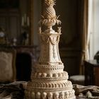 Eine reich verzierte Torte mit einer Ananas aus Teig auf der Spitze, sie steht auf einem Holztisch in einem eleganten Raum.