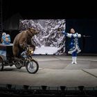 Ein Bär fährt ein Dreirad in einer Arena, daneben steht eine Tänzerin in blauem Kostüm mit ausgestreckten Armen.