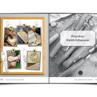 "Projekte: Holzbildhauerei." Das linke Layout zeigt fünf nummerierte Bilder mit Schnitzarbeiten, umrahmt von Illustrationen.