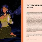 ENTDECKEN SIE Ihr Ich. Schreiben Sie die zehn Wörter in beliebiger Reihenfolge und in vielen Farben. Illustration einer Frau mit Sternen.