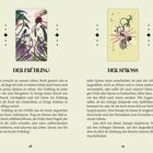 Links: "DER FRÜHLING". Rechts: "DER SPROSS". Illustrierte Karten mit Pflanzenmotiven darüber.