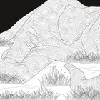 Illustration eines Elefanten im Gras, mit geschwungenen Linien und Mustern überzogen.