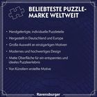 "Beliebteste Puzzle-Marke weltweit." Liste: Handgefertigte Teile, Herstellung in Europa, einzigartige Motive, hochwertig, matt, Künstler. Ravensburger Logo.