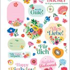 Sticker-Set mit Beschriftungen wie "Alles Gute!", "Alles Liebe!", "Für dich", "Happy Birthday!", umrahmt von bunten Blumen.