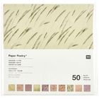 "Paper Poetry" Origami-Papier, 50 Blatt, 10 Designs. Beige Hintergrund mit zarten Grasmotiven, kleines Logo unten rechts.