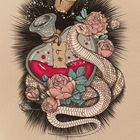 "SEXUELLE ANZIEHUNG." Illustration: Herzflasche mit roter Flüssigkeit, Rosen, umschlungen von einer Schlange. Korken oben.