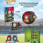 „Welt Fußball Stars“, „Das Starter-Set“, Kartenabbildungen, Stadionhintergrund, Produktverpackungen.
