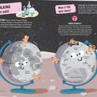 Texte: "MOONWALKING Choose your path!", "What if YOU were there?", "Moon Mountaineering", "Weather Station", "Moon Olympics!", "Near Side, Far Side", "Pole to Pole".

Eine Illustration zeigt den Mond als Globus mit verschiedenen Mondmissionen.