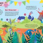 Text über bunte, verkleidete Dinosaurier bei einer Party. Illustrationen von fröhlichen, farbenfrohen Dinosauriern in einem Dschungel.