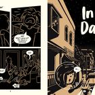 "In the Dark" auf einer städtischen Nachtszene mit einem Kind im Fenster, das überrascht wirkt. Comic-Stil.