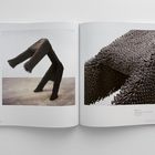 Links "218", rechts "PHASE 2017", "roofing nails", "300 pounds." Zwei Skulpturen aus dunklen Materialien, linke biegt sich.