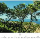 Text: "Westküste", Monat 11. Kiefern vor einer Klippe mit mehreren weißen Häusern und Blick auf das blaue Meer.