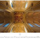 Kathedrale Sedlec, Tschechien. Kalenderansicht, Deckenfresko, gotische Architektur mit hohen Fenstern und Säulen.