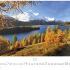 Engadin, Silsersee. Kalenderseite für den elften Monat. Herbstliche Landschaft mit Lärchen, See und schneebedeckten Bergen.