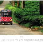 Ein Tuk-Tuk mit Texten fährt auf einem ländlichen Weg, umgeben von grünen Pflanzen und hohen Bäumen.