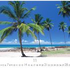 „Strand bei Salvador“, darunter Kalenderzahlen. Palmen am weißen Sandstrand mit türkisfarbenem Wasser und blauem Himmel.
