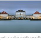Schloss Nymphenburg, Reflektion im Wasser, November-Kalender mit Datum von 1 bis 30, Casares Edition.