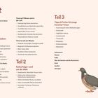 Zwei Spalten mit Überschriften: Inhalt, Teil 1, Teil 2, Teil 3. Unten rechts eine Illustration einer Taube.