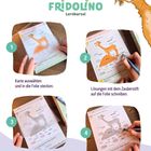 "So wird’s gemacht! Fridolino Lernkartei. 1: Karte auswählen und in die Folie stecken. 2: Lösungen mit dem Zauberstift schreiben."