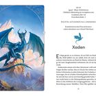 Kompendium der Drachenwelt, aktualisiert von Colonel Valin Kaori. Illustration eines großen blauen Drachens auf einem Felsen.
