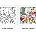 Links „vor dem Ausmalen“, rechts „nach dem Ausmalen“: Zwei Katzen spielen im Bad, eine Papierrolle ist ausgerollt.