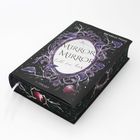 „Mirror Mirror, tell me lies“; schwarzes Buch mit violetten, verschnörkelten Rahmen und floralen Verzierungen.