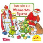 „Entdecke die Weihnachtsfiguren“. Illustration mit Nikolaus, Weihnachtsmann, Engeln und einem geschmückten Tannenbaum.